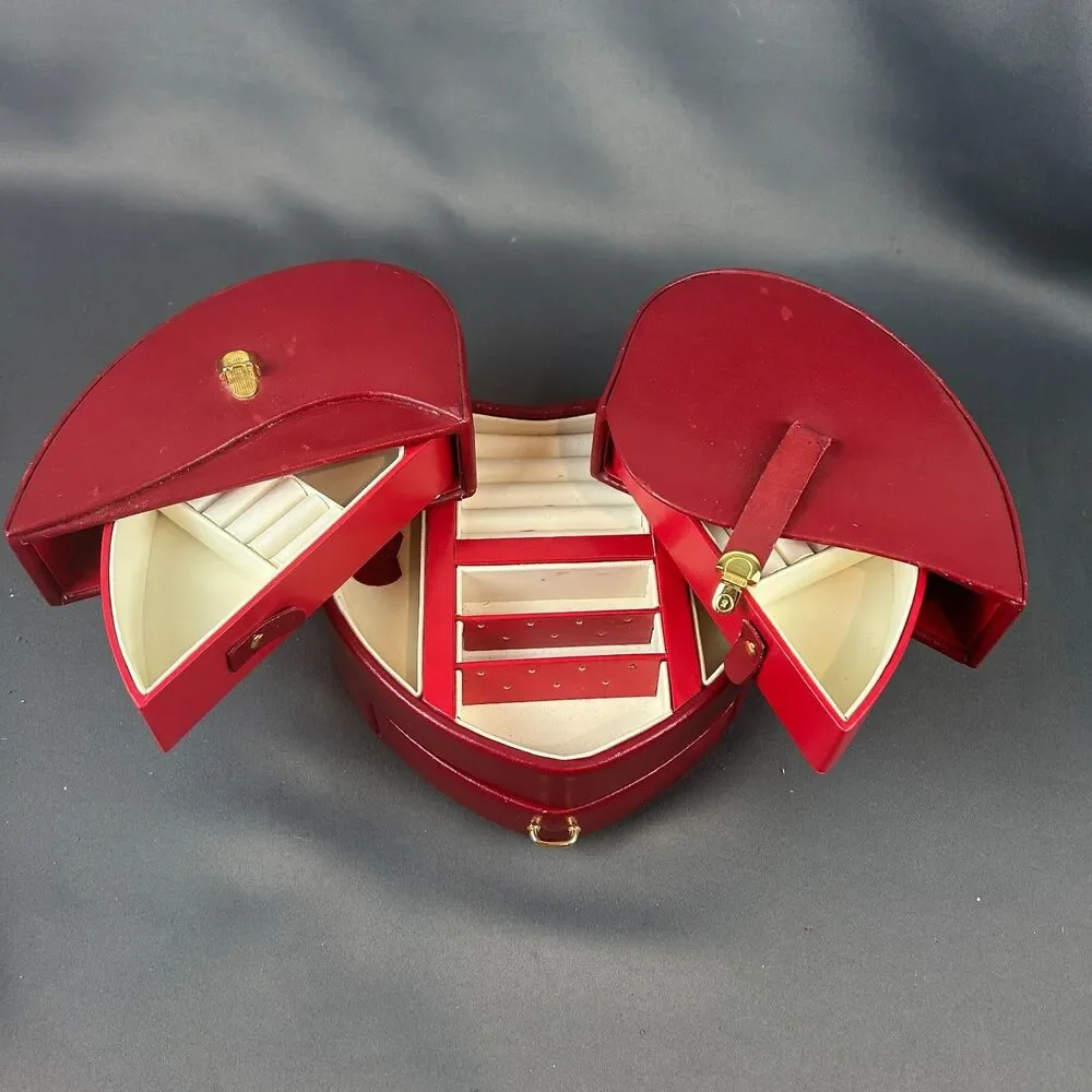Vintage Wolf Designs Red Leather Heart Shape Jewelry Box Swing Out Design